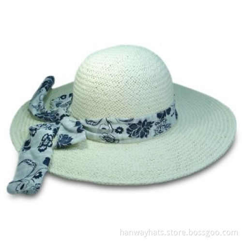 Women's Floppy Hat with Floral Printed Band, Made of Paper Straw